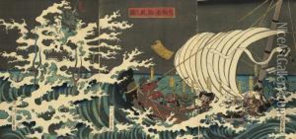 A Triptych Titled Oil Painting - Utagawa or Ando Hiroshige