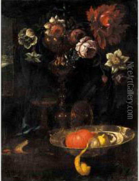 A Still Life Of A Peeled Lemon, 
An Orange, And Flowers In A Silver Gilt Cup Together On A Table Oil Painting - Willem Kalf