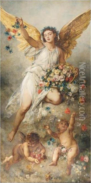 Flora With Putti - Peace Oil Painting - Ludwig Knaus