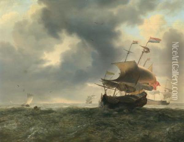 Navi Da Battaglia E Barche Di Pescatori Nel Mare In Tempesta Oil Painting - Jan Theunisz. Blankerhoff