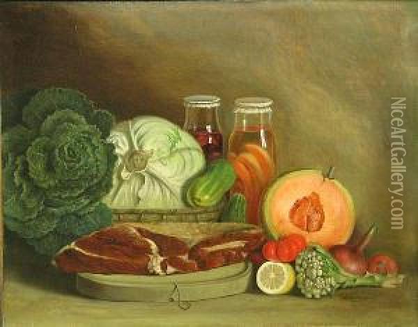 A Still Life With Meat, Cabbage, A Melon And Other Vegetables On A Table Oil Painting - Josef Ii Schuster