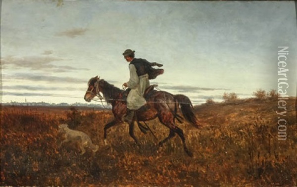 Man On Horseback And Travelers In A Landscape: Two Works Oil Painting - Heinrich Lang