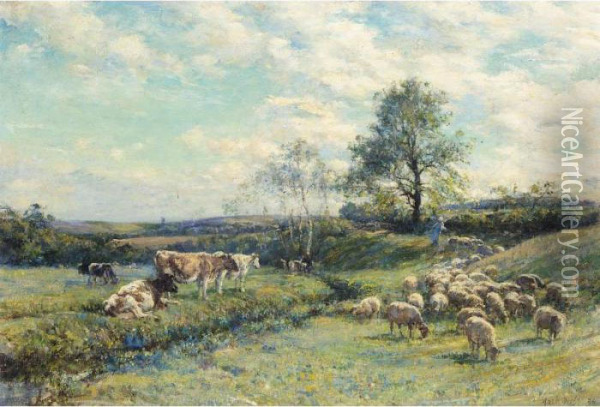Sheep And Cattle In A Pasture Landscape Oil Painting - William Mark Fisher