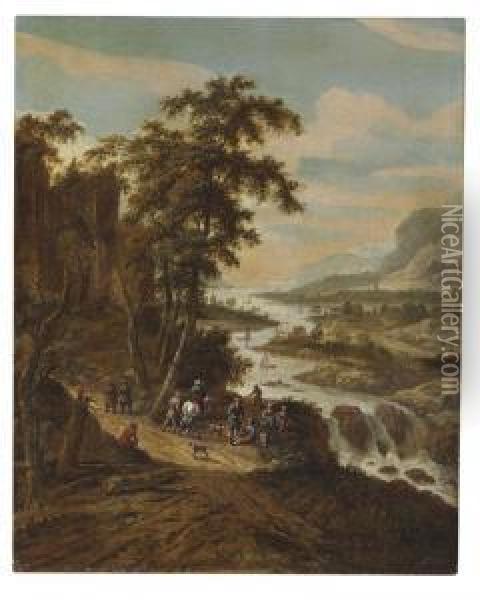 Travelers In A River Landscape Oil Painting - Dionys Verburgh