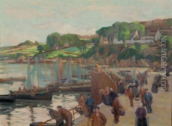 Figures Along A Quay, Brittany Oil Painting - Mabel May Woodward