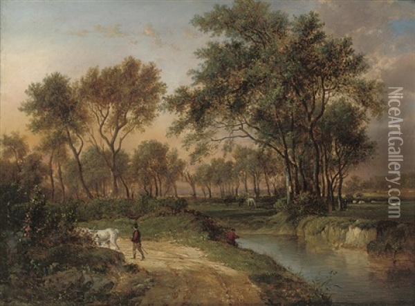 An Extensive River Landscape With An Angler On The Bank Oil Painting - Patrick Nasmyth