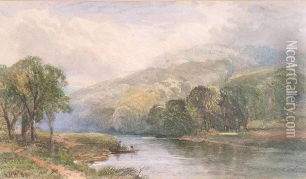 Figures On A Ferryboat In A Mountainous River Landscape Oil Painting - Edmund Morison Wimperis