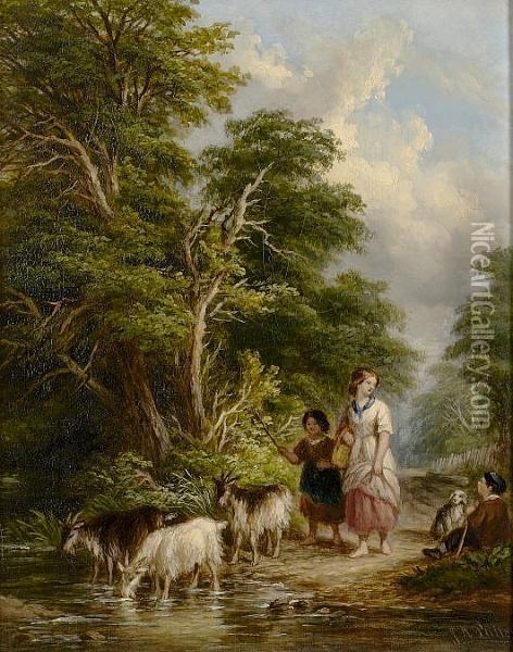 Driving Goats Across A Stream; Country Entertainments Oil Painting - John Anthony Puller