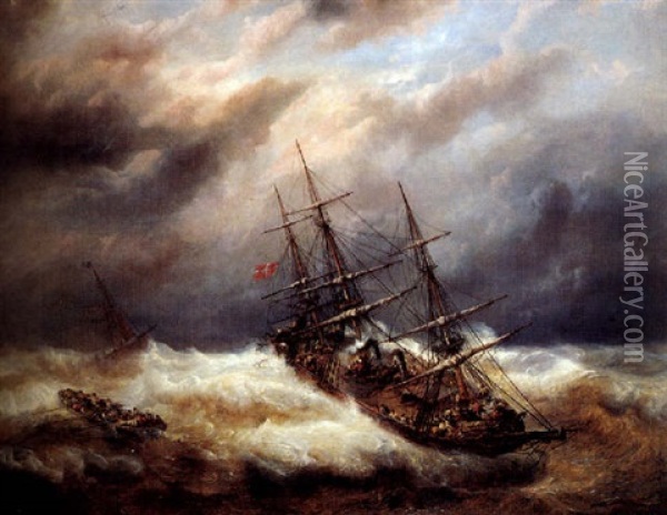 Schepen In De Storm Voor Oostende Oil Painting - Francois-Etienne Musin