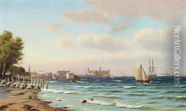 Sailing Boats Along The Coast Of Helsingor, In The Background Kronborg Castle Oil Painting - Johan Jens Neumann