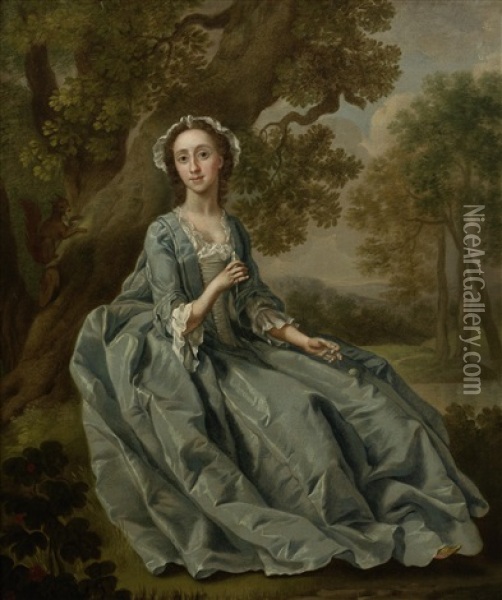 Portrait Of Elizabeth Barber, Full-length, Seated, In A Blue Dress And White Cap, Holding A Spinning Bobbin Oil Painting - Francis Hayman