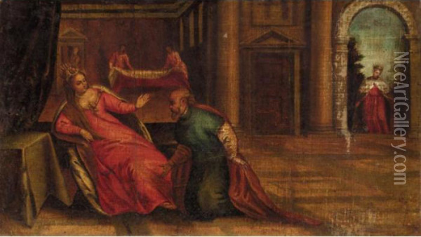 Esther Confronted By Hamon Oil Painting - Paolo Veronese (Caliari)
