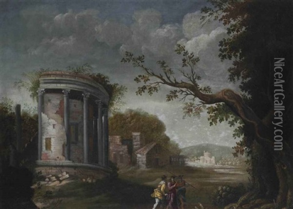 An Italianate Landscape With Figures Conversing By Classical Ruins Oil Painting - Agostino Tassi