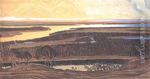 Panoramalandskap I Kvallsol Oil Painting - Otto Hesselbom