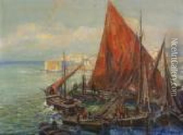Fischerboote In Sudlichem Hafen Oil Painting - Otto Hammel