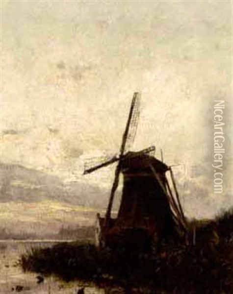 A Windmill In A Polder Landscape Oil Painting - Petrus Paulus Schiedges the Younger