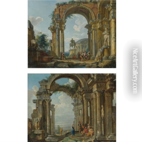 An Architectural Capriccio With The Equestrian Statue Of Marcus Aurelius And The Statue Of Silenus With The Infant Dionysos (+ An Architectural Capriccio With Ruins Of A Corinthian Temple With Figures Oil Painting - Giovanni Paolo Panini