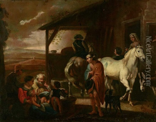 Rastende Vor Einer Locanda Mit Pferden, Esel Und Bettler Oil Painting - Michelangelo Cerquozzi