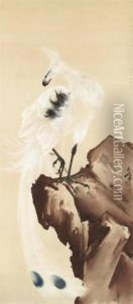 White Phoenix On Rock Oil Painting - Gao Qifeng