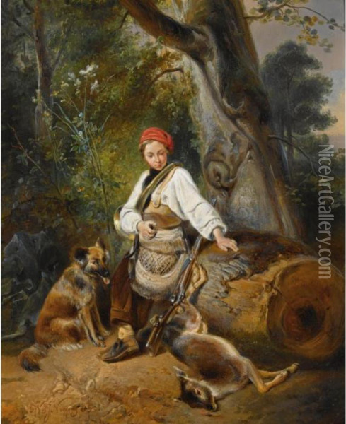 A Hunter At Rest In The Woods Oil Painting - Wijnandus Johannes Josephus Nuijen