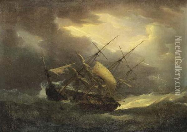Caught In A Heavy Gale Oil Painting - Thomas Whitcombe