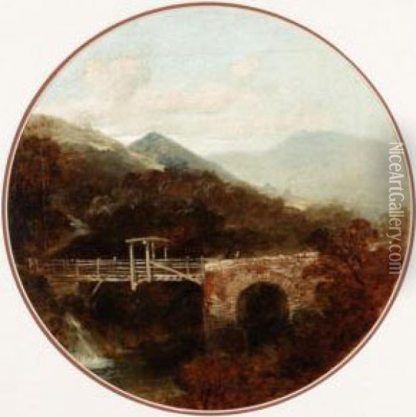 A River Landscape With Figures Crossing A Bridge In North Wales Oil Painting - James Peel