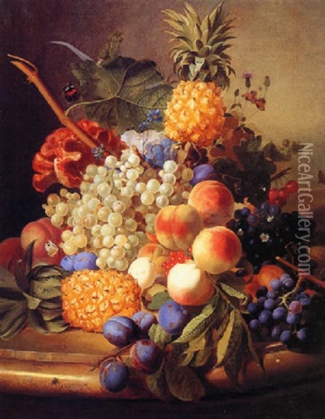 Still Life Of Grapes, Peaches, Plums And A Pineapple All Resting On A Marble Table Oil Painting - Jan van Os