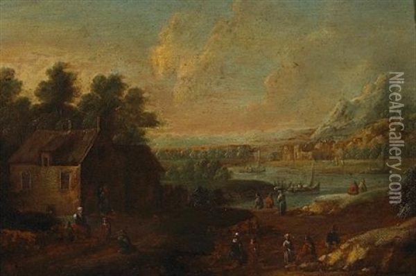An Extensive River Landscape With Numerous Figures By A Farm In The Foreground Oil Painting - Pieter Bout