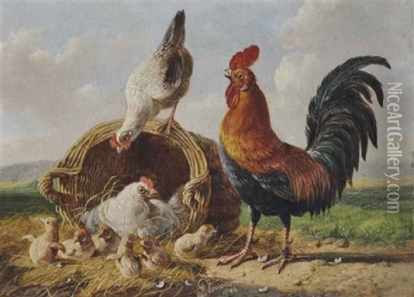 Rooster With Hens And Chicks Oil Painting - Adrien Joseph Verhoeven-Ball