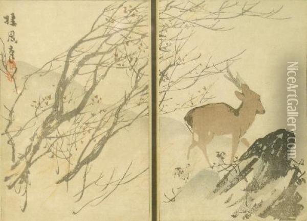Deer In A Landscape Oil Painting - Eastern School