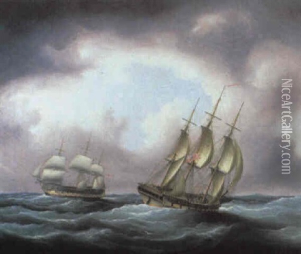 British Men-o'-war In A Swell Oil Painting - Thomas Buttersworth