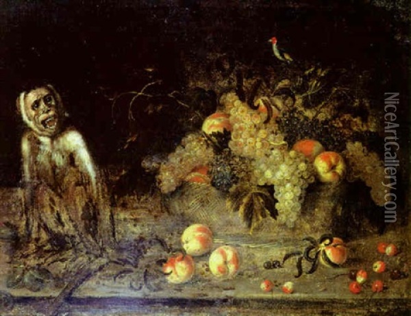 Nature Morte Au Panier De Fruits Et Singe Sur Un Entablemeent Oil Painting - Alexander Coosemans