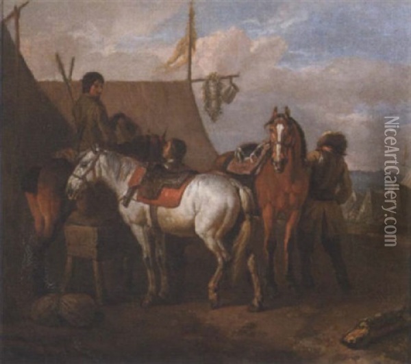 Cavalry Soldiers Beside An Inn At A Field Camp Oil Painting - Pieter van Bloemen