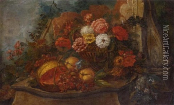 A Melon, Grapes On The Vine, Peaches And Mixed Flowers In An Urn On A Stone Ledge In A Garden Oil Painting - Pieter Casteels III