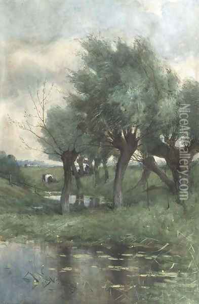 Cows grazing by willow trees Oil Painting - Maria Philippina Bilders-Van Bosse
