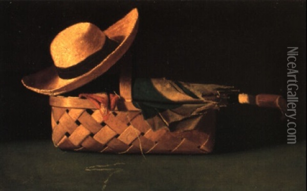 Farmer's Hat, Umbrella And Basket Oil Painting - John Frederick Peto