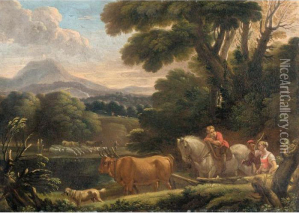 Italianate Landscape With Drovers And Their Animals Beside A River Oil Painting - Pieter the Younger Mulier