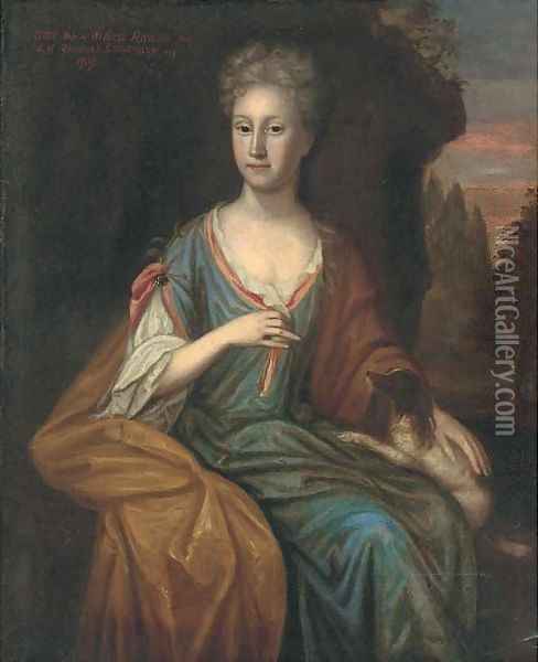 Portrait of Grace Rawson, seated three-quarter-length, in a blue dress, a dog on her knee Oil Painting - Michael Dahl