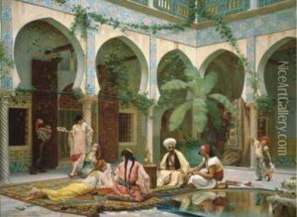 La Cour Du Palais De Dar Khdaouedj El Amia, Alger Oil Painting - Gustave Clarence Rodolphe Boulanger