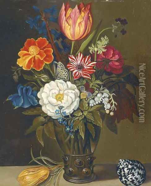 Mixed flowers in a glass vase, with a parrot tulip and a shell on a ledge Oil Painting - Balthasar Van Der Ast