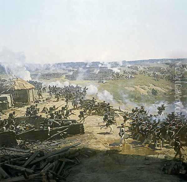 Russian artillery in position, detail from the Battle of Borodino in 1812 Oil Painting - Frants Alekseevich Rubo