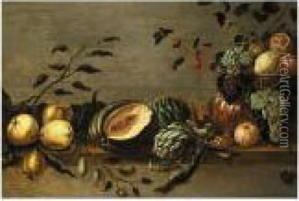 Still Life Of Grapes, 
Pomegranates, And Currents In A Bronze Bowl With A Melon, Artichokes, 
Pears, And Plums On A Wooden Table Oil Painting - Adriaen van Utrecht