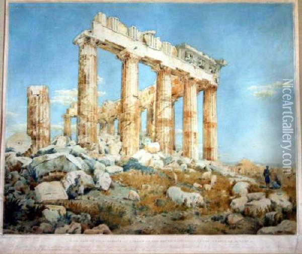 Kinnard Watercolour 'a View Made On The Acropolis....of The Temple Of Minerva' Signed 18.5 X 23in Oil Painting - William Mineard Bennett
