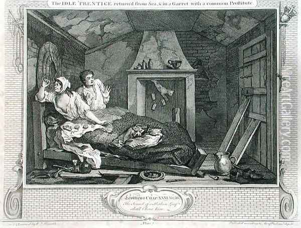 The Idle Prentice Returned from Sea and in a Garret with a Prostitute Oil Painting - William Hogarth