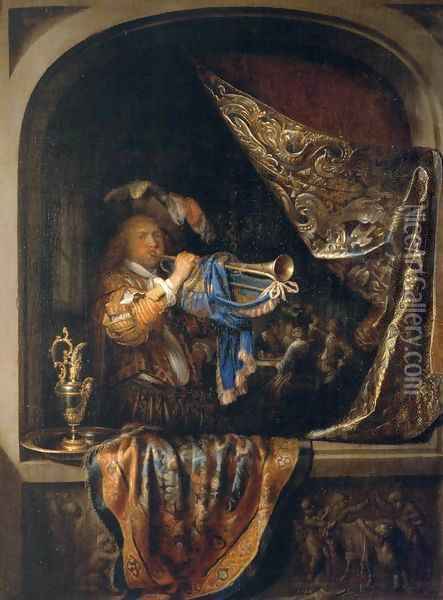 Trumpet-Player in front of a Banquet Oil Painting - Gerrit Dou