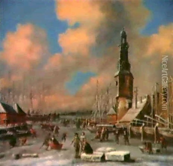 Blick Auf Das Zugefrorene Ijsselmeer Von Amsterdam Mit      Dem Montalbaanturm Und Schlittschuhlaufern Oil Painting - Thomas Heeremans