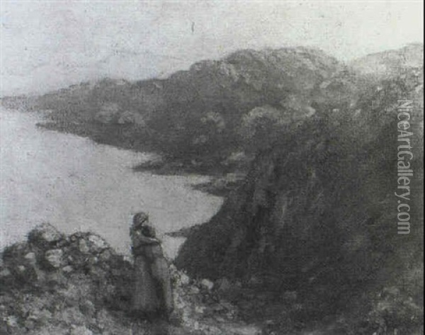 Two Figures Upon A Cliff With The Donegal Costline          Stretching Beyond Oil Painting - George Russell