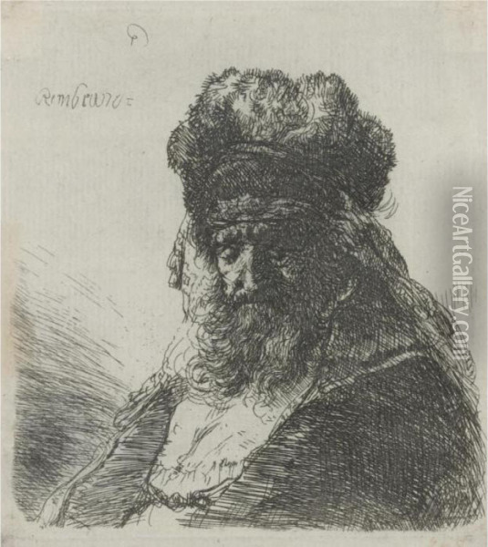 Old Bearded Man In A High Fur Cap, With Eyes Closed (b., Holl.290; H. 130; Bb.35-3) Oil Painting - Rembrandt Van Rijn