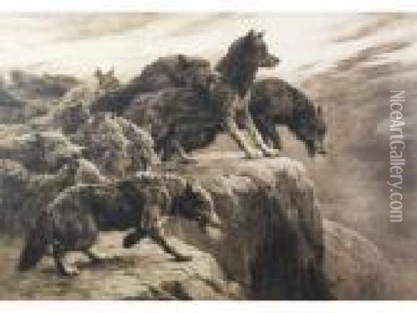Pack Of Wolves On Rocky Outcrop Oil Painting - Herbert Thomas Dicksee