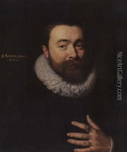 A Portrait Of A Gentleman Wearing A Black Jacket And A White Ruff Oil Painting - Gortzius Geldorp